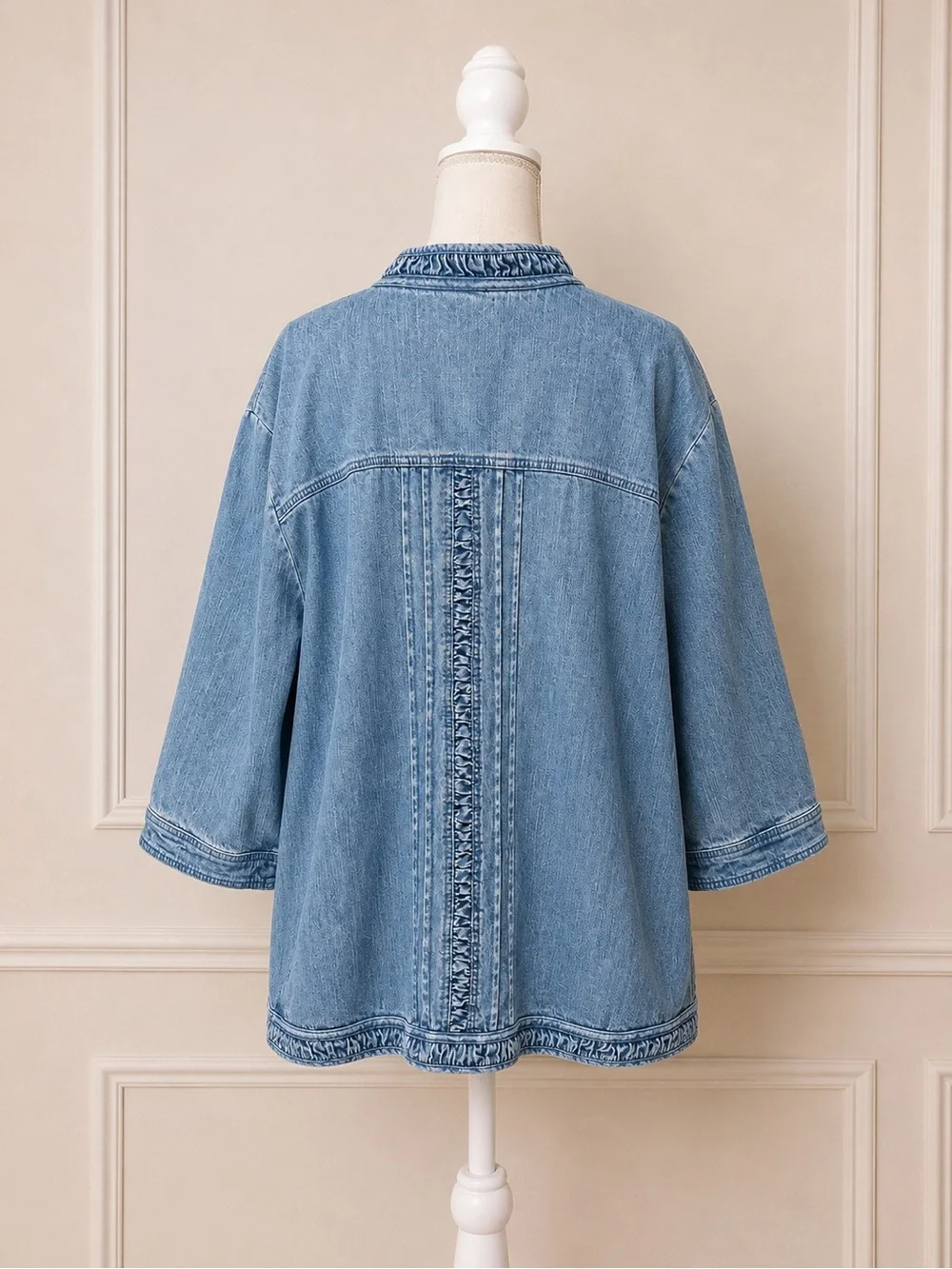 Liz & Me 3X 26/28W Ruffle Trim Denim Jacket Light Wash Pintuck Boho Lagenlook